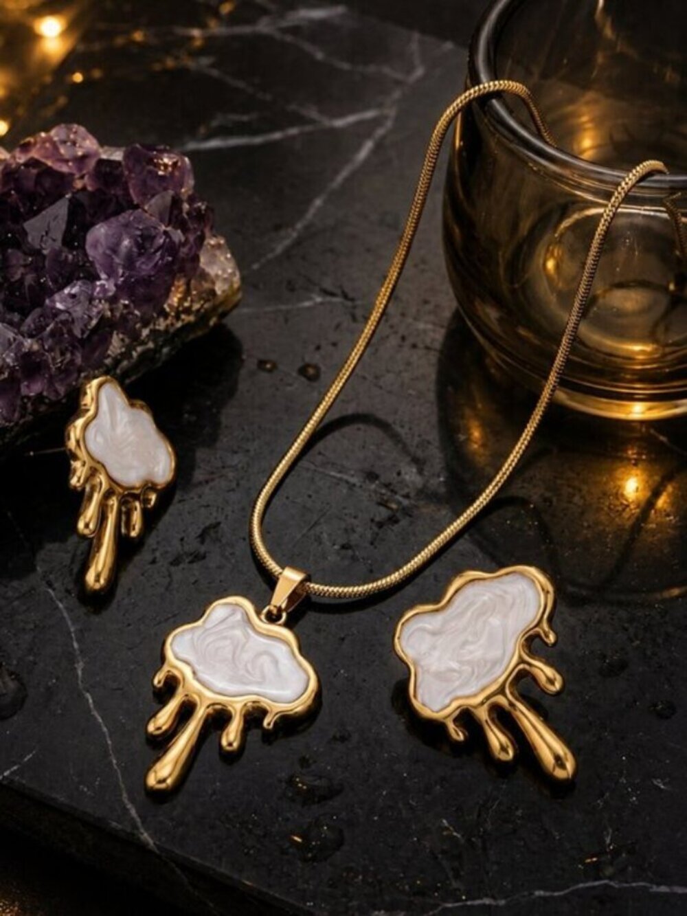 Melting Cloud Necklace and Earring Set White Enamel Gold Plated Surreal 15.75"